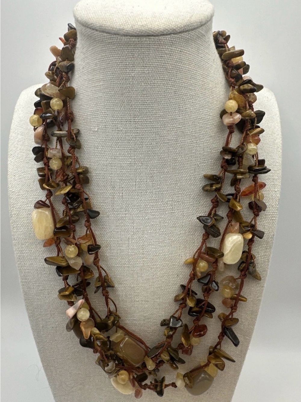Necklace Boho Multi Strand Tumbled Semi-Precious Stones Hand Knotted Earth Tones